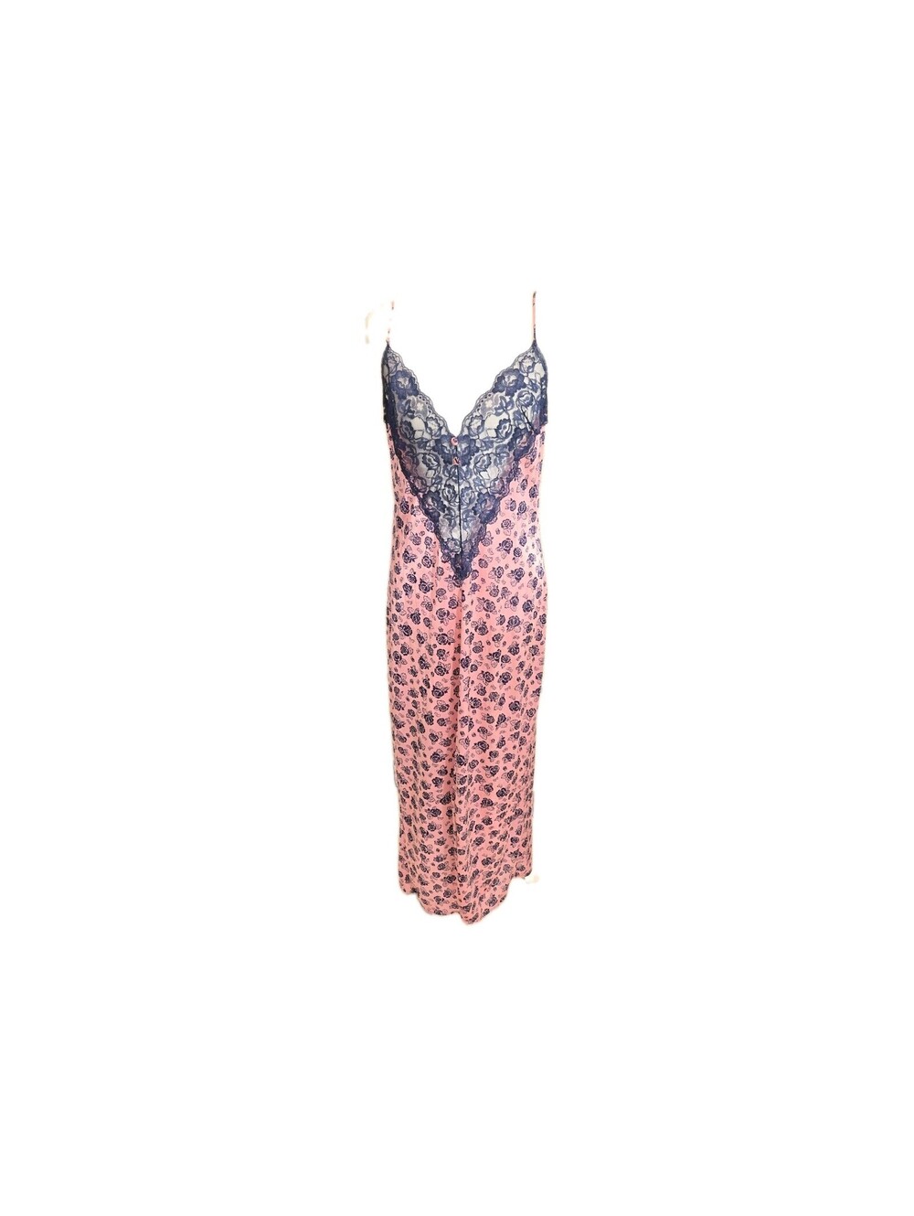 vintage vassarette nightgown/slip Dress Pink With Navy Floral Lace Midi Feminine